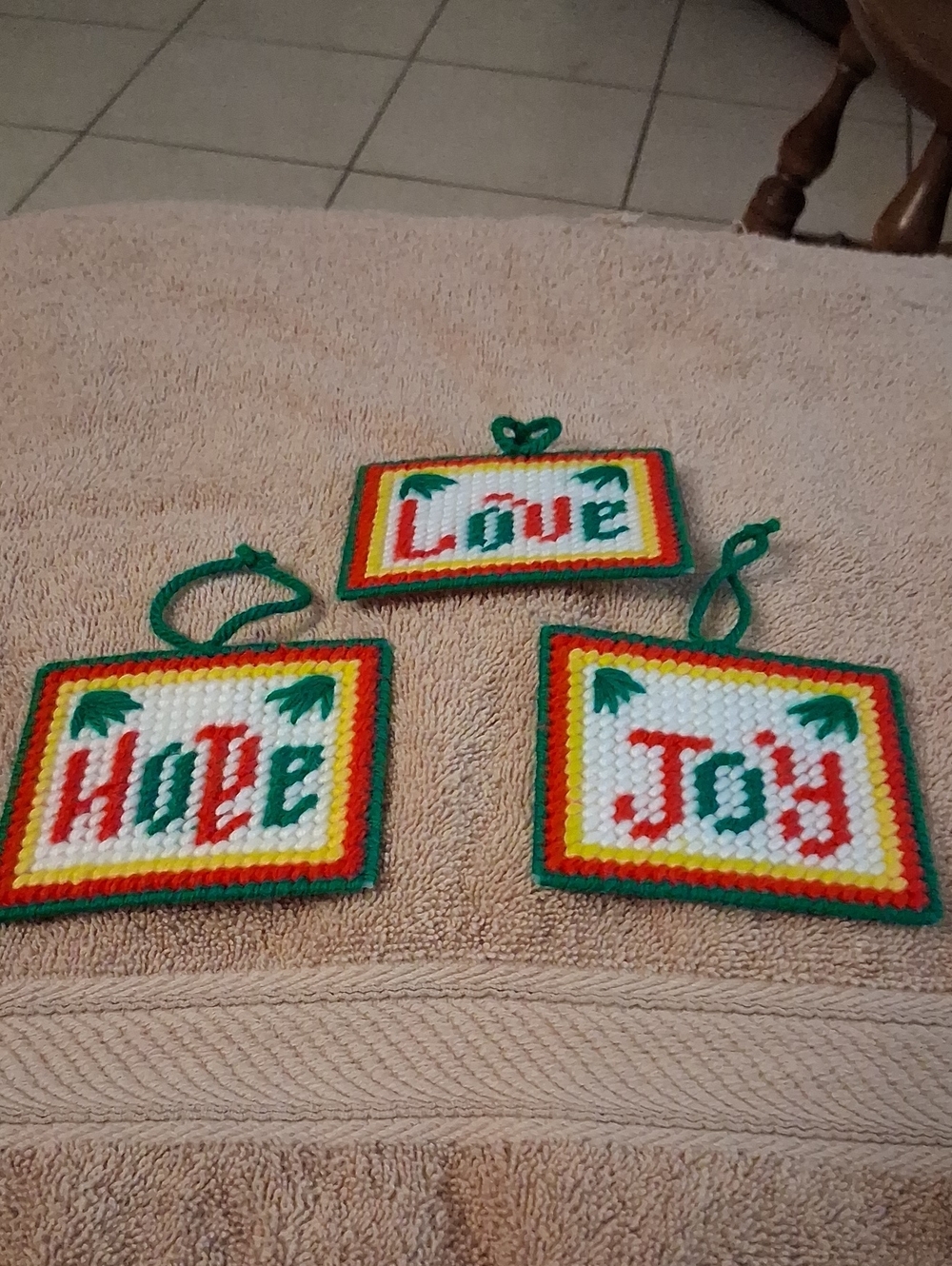 Handmade Holiday Wall Ornaments - Green/Red/White "Love, Hope, Joy" Set Of 3